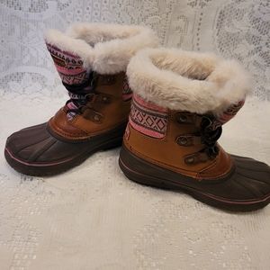 London Fog Snow Duck Boots Tottenham w Knit  Faux Fur pink brown girls sz 13